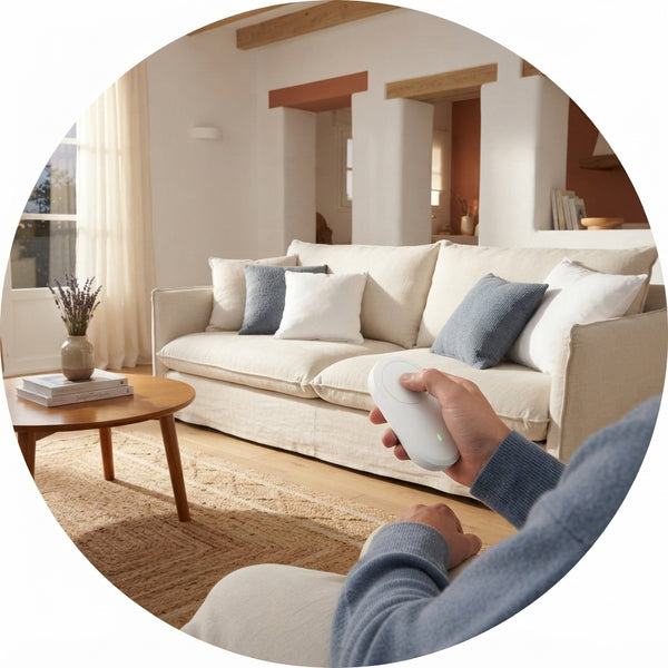 A person relaxing on a comfortable sofa holding a TORKIVO remote to control living room lighting.