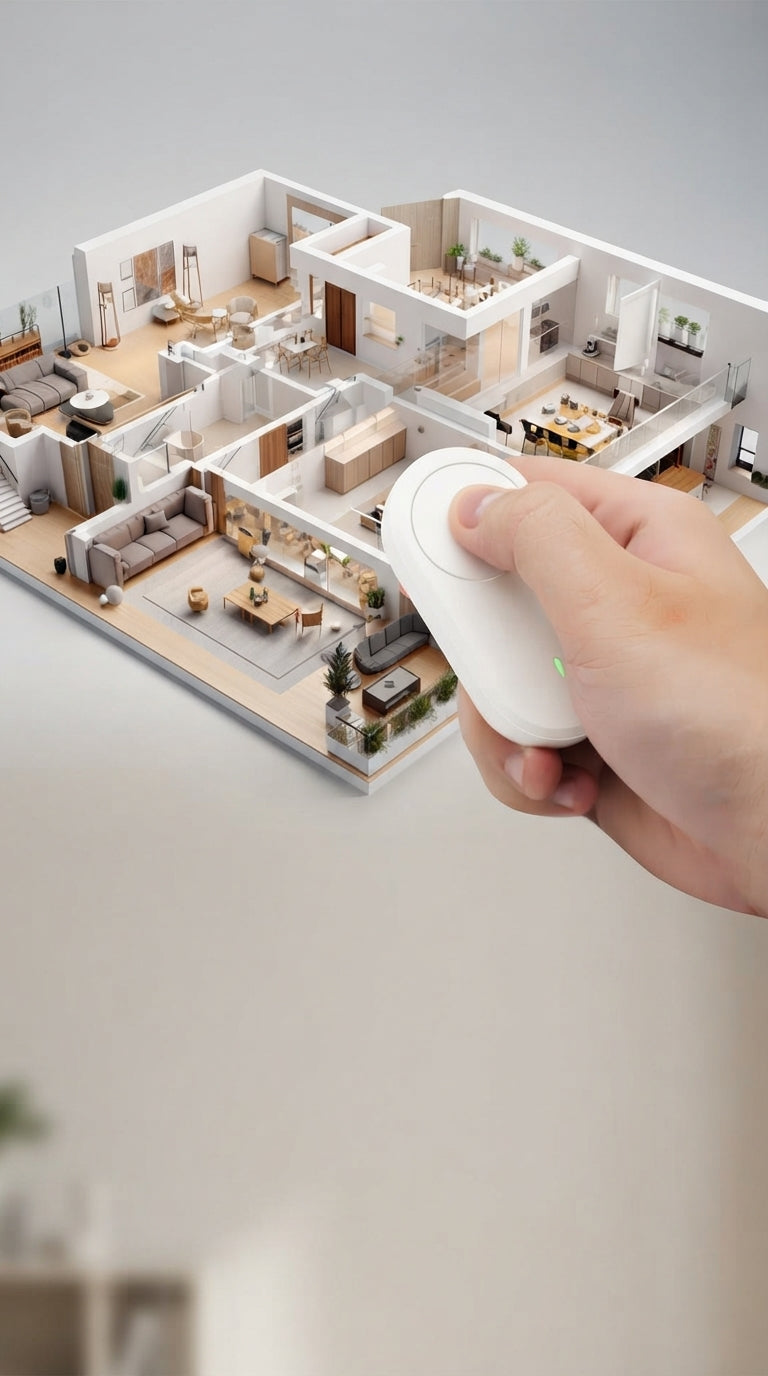A minimalist smart light switch remote mounted on a modern wall in a bright, uncluttered room with neutral decor.