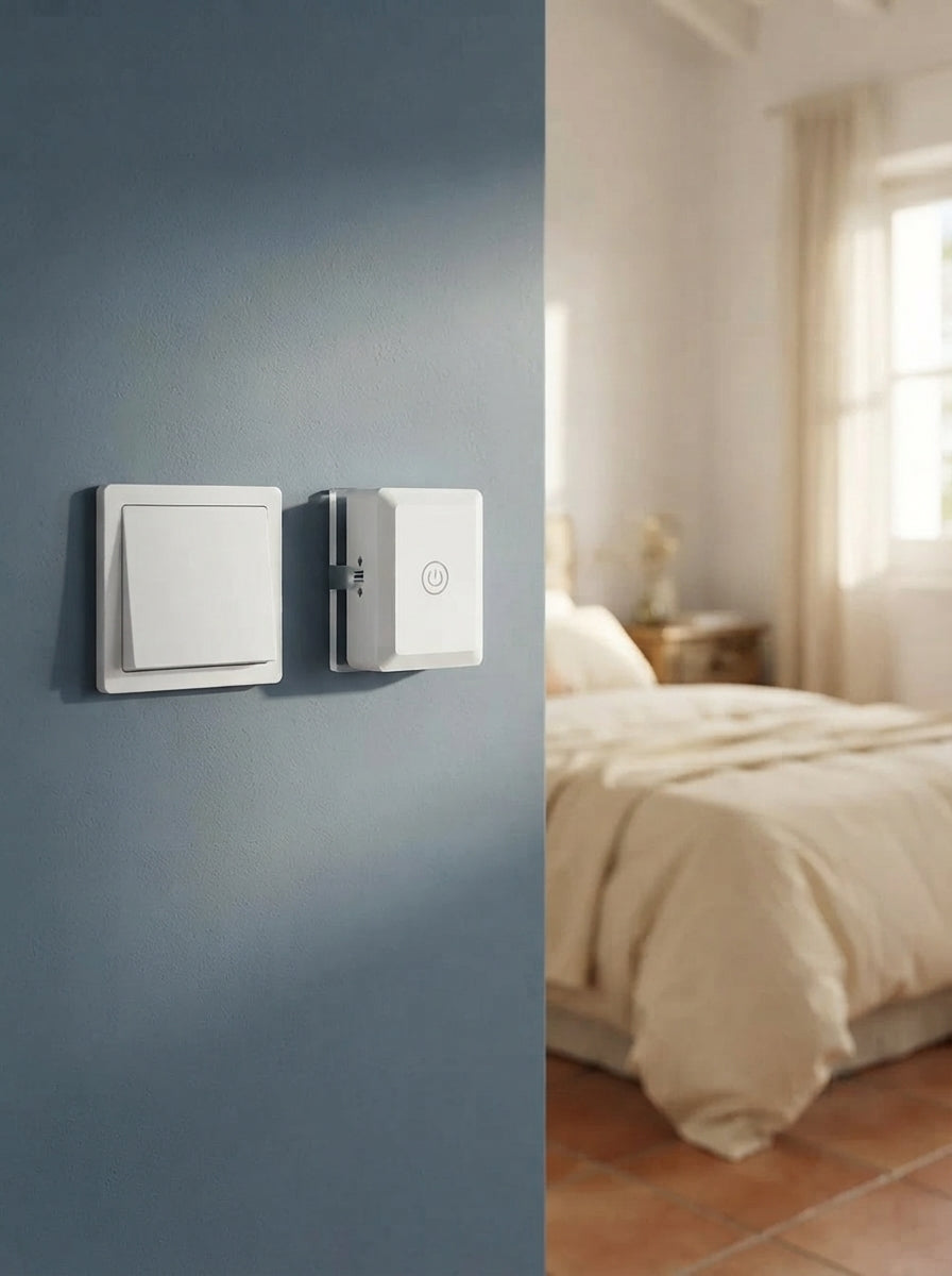 Sleek remote light switch installed on a blue wall in a modern, minimalist bedroom setting.