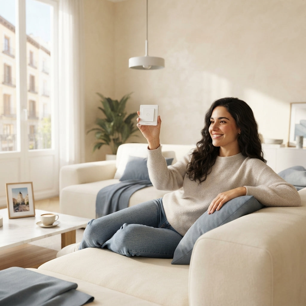 Spanish woman on a sofa using a TORKIVO remote switch to control home lighting in a modern apartment.