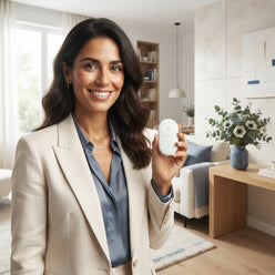 Lucía De la Cruz holding the TORKIVO remote light switch in a modern, stylishly decorated Spanish home.