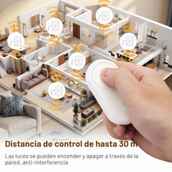 Carmen Soler, an interior design influencer, holding a TORKIVO remote light switch in a modern, brightly lit home interior.