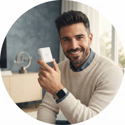 Hugo Ortiz, a Spanish tech influencer, holding the TORKIVO remote light switch in a modern, well-lit apartment.
